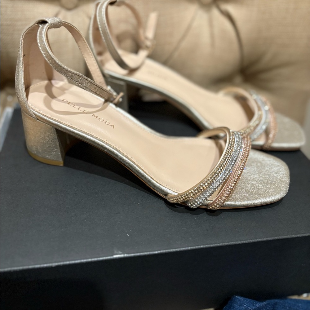 Champagne Rhinestone Embellished Heels with Ankle Strap